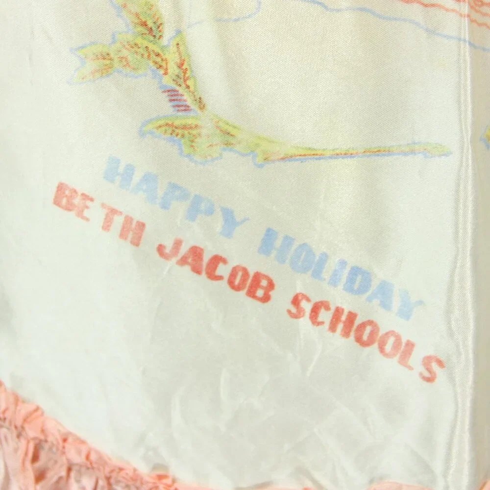 Vintage Beth Jacobs Schools Print Satin Ruffles Tie Back Half Apron 1950s 1960s